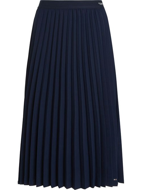 Falda azul midi plisada con logo en cintura