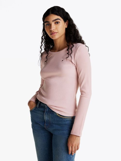 Camiseta rosa acanalada slim de manga larga