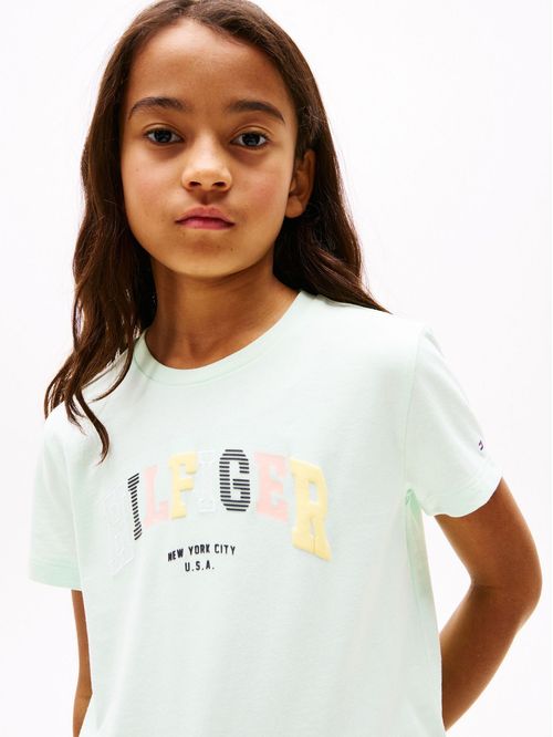 Camiseta verde tipo universitaria de cuello redondo