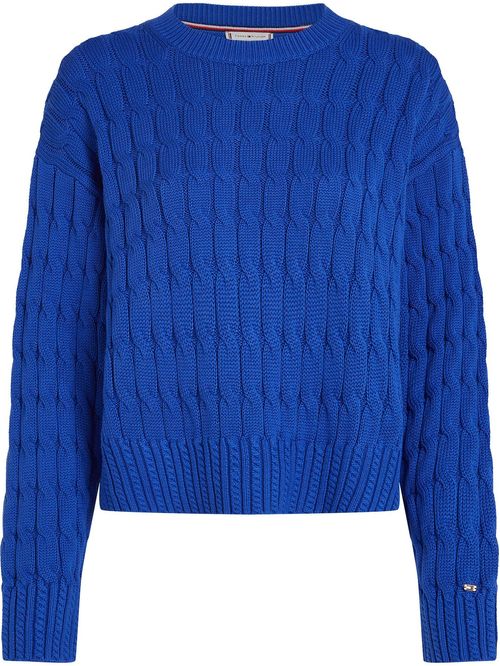 Saco azul tejido de punto trenzado con cuello redondo