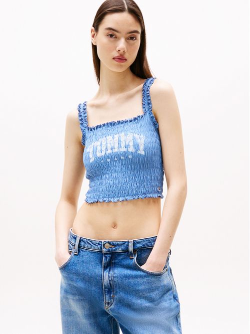 Crop Top Azul Varsity Fruncido De Corte Slim