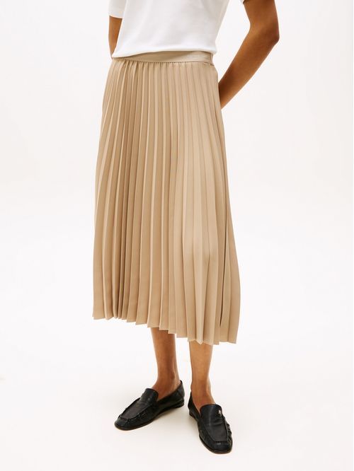 Falda beige midi plisada con logo en cintura