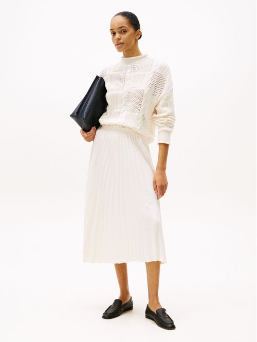 Falda blanco midi plisada con logo en cintura