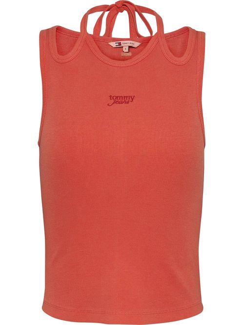 Camiseta roja sin mangas con cuello halter