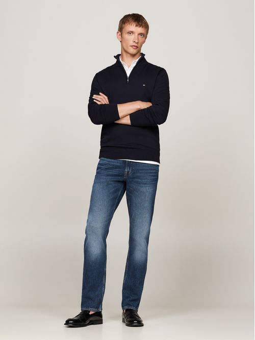 Saco azul tejido con cuello perkins y cremallera