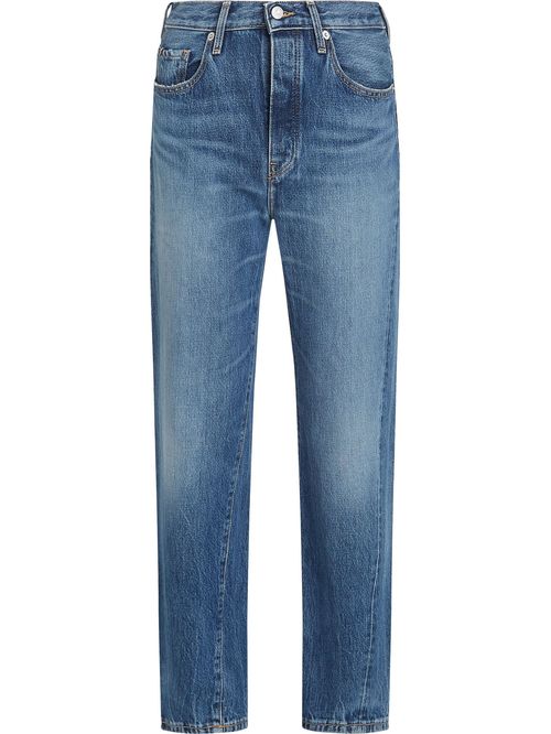 Jeans azul de talle alto rectos con costura girada