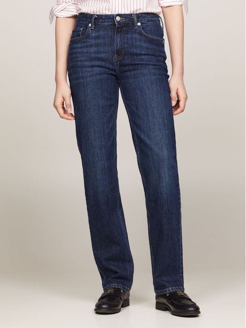 Jeans azul rectos de talle medio con efecto usado