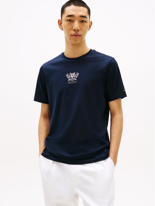 Camiseta azul de cuello redondo con logo