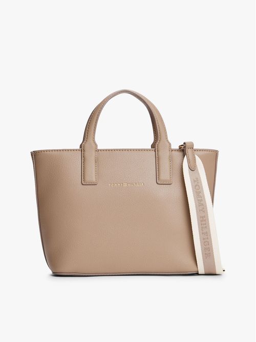 Bolso beige tote con correa cruzada textil