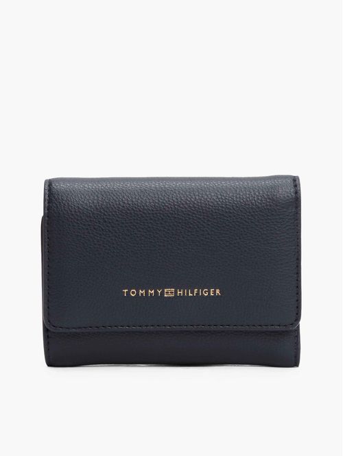 Billetera azul plegable en tres partes con logo