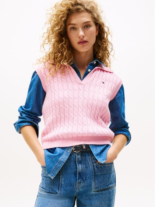 Polo rosa de punto trenzado sin mangas