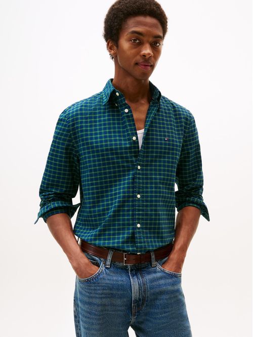 Camisa azul oscuro Oxford de corte regular con estampado a cuadros