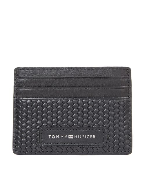 Tarjetero negro de cuero con textura trenzada