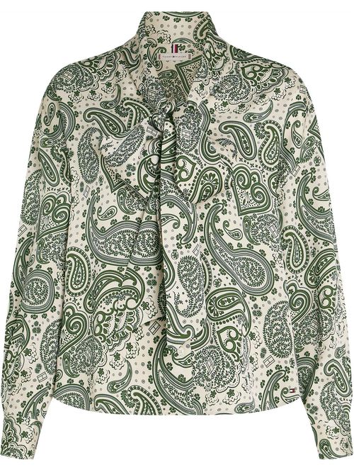 Blusa verde amplia de satén con lazo