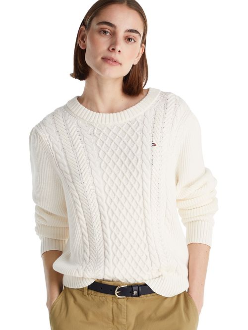 Saco blanco tejido de cuello redondo con logo