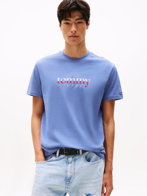 Camiseta azul de punto con logo y cuello redondo