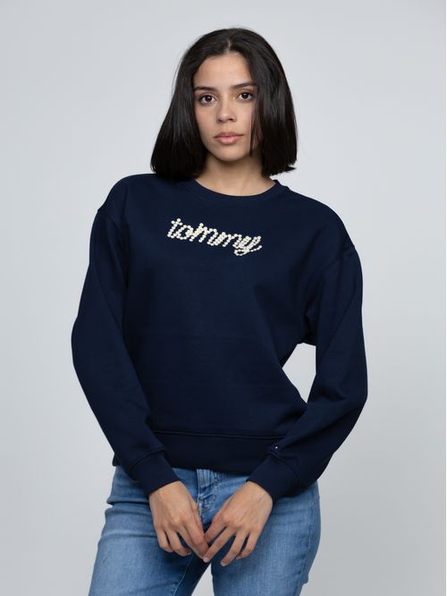 Saco azul oscuro fleece de cuello redondo con logo gráfico