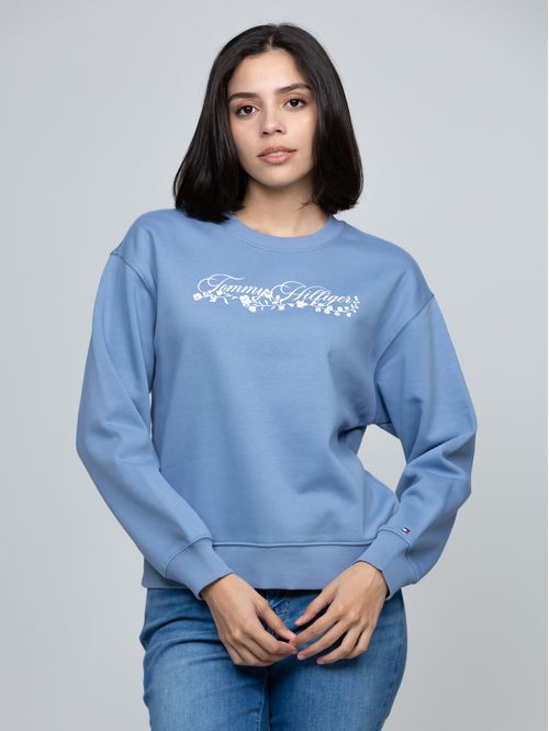 Saco azul fleece de cuello redondo con logo gráfico