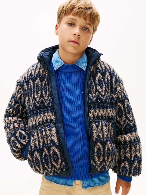 Chaqueta multicolor teddy con logo engomado