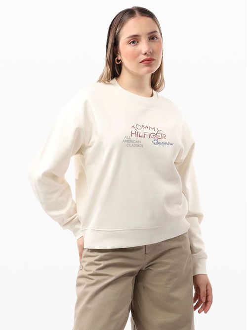 Saco blanco tejido de cuello redondo con logo gráfico