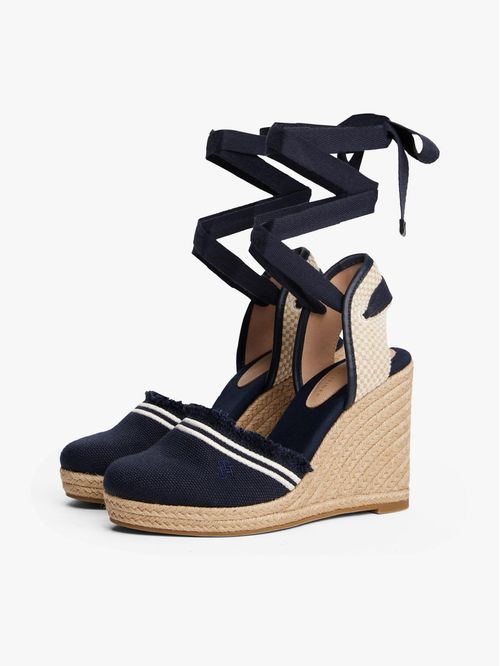 Alpargatas azul de cuña en lona con flecos